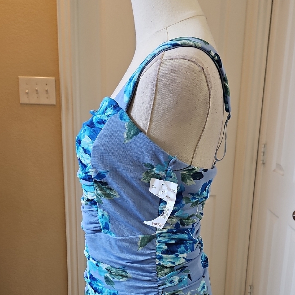 Emerald Sundae Vibrant Blue Floral Ruched Mesh Tank Dress Size L and XL NWT - Picture 4 of 9